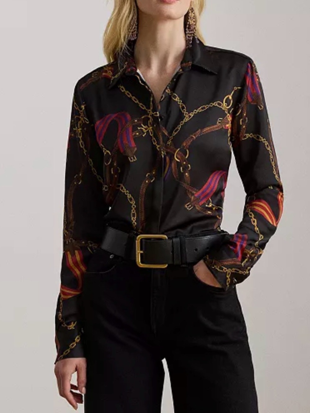 Ralph Lauren Black Button-Down Shirt with Gold Chain & Red Accent Print